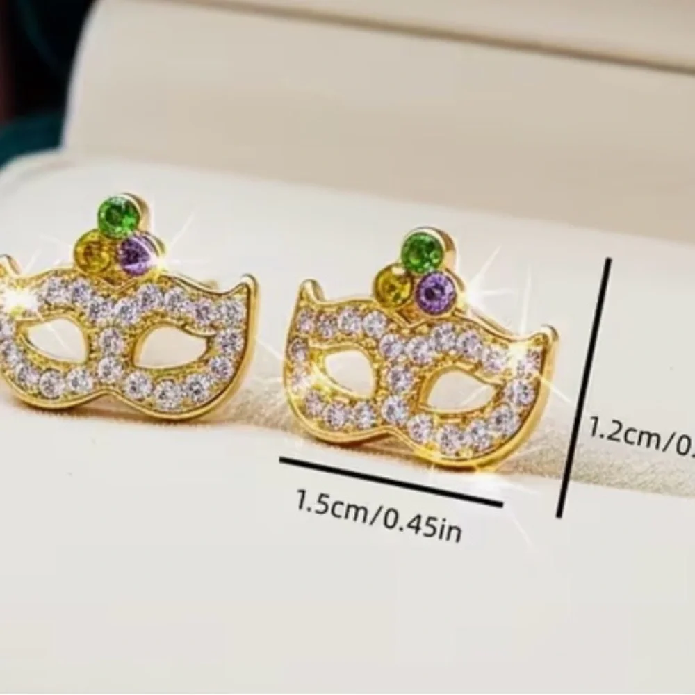 Gold Rhinestone Mask Earrings - Picture 4 of 4